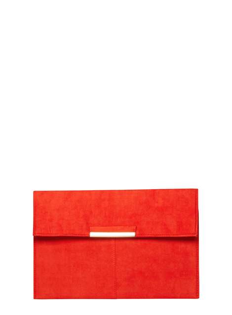Red Faux Suede Tab Clutch Bag